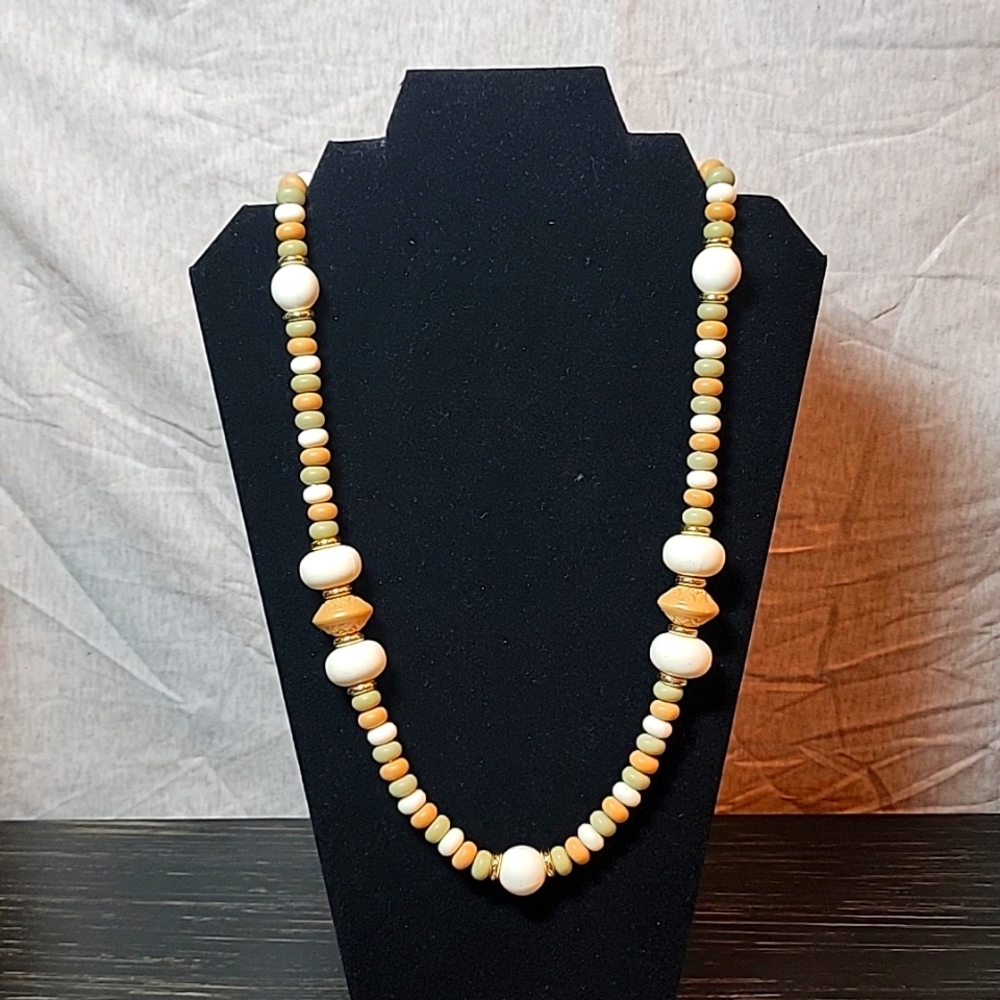 Green, Tan, White Disc Necklace with Bead Accents